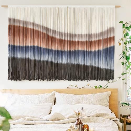 Large Macrame Wall Hanging Tie-Dye Boho Wall Art Fiber Art Decor for Living Room Bedroom or Backdrop 57" W x 35" L - color: Brown and Blue