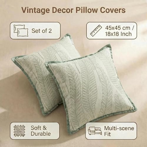 Mantle & Mason Floral Cushion Covers Leaf Pattern Throw Pillow Covers 18x18 Set of 2 William Morris Decorative Pillow Covers for Bed Couch Living Room Chenille Jacquard Accent Home Decor Light Green - color: Leaf Green, size: 18" x 18" (Pack of 2)
