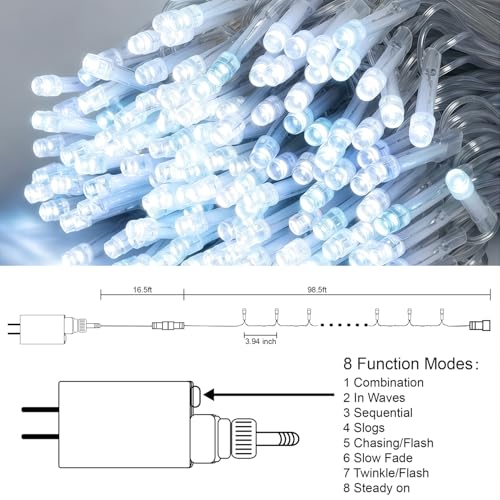 LJLNION 300 LED String Lights Outdoor Indoor, Extra Long 98.5FT Super Bright Christmas Lights, 8 Lighting Modes, Plug in Waterproof Fairy Lights for Holiday Wedding Party Bedroom Decorations ( White) - color: White