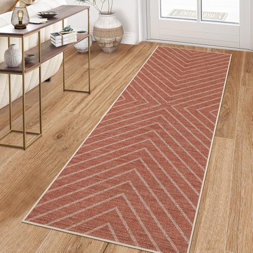 Garvee Easy Jute 2x6 Washable Kitchen Runner Rug, Non Slip Striped Rugs for Entryway Hallway, Indoor Outdoor Rug Farmhouse Modern Carpet Door Mat for Porch Bedroom Laundry Room 2'x6' Terracotta - color: Striped|terracotta, size: 2' x 6' (Runner)