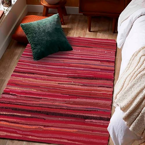 Cotton Hand Woven Chindi Rug 3x5 Feet - Red, Reversible Throw Indoor Decorative Carpet Ideal for Entryway, Kitchen, Bedroom | Pink Farmhouse Accent Soft Durable Outdoor Floor Rag Rugs for Nursery - color: Red, size: 3 x 5 feet