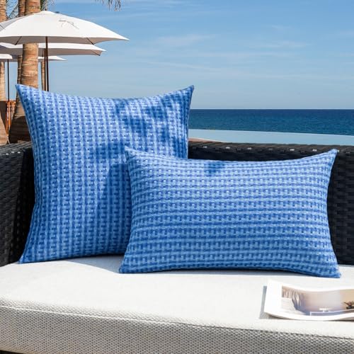 Kevin Textile Outdoor Waterproof Throw Pillow Covers Pack of 2 Weaving Texture Water Resistant Outside Decorative Cushion Covers for Garden Patio Tent Balcony Bench Couch Sofa 18x18 Inch, Blue - color: Blue, size: 18" x 18" (Pack of 2)