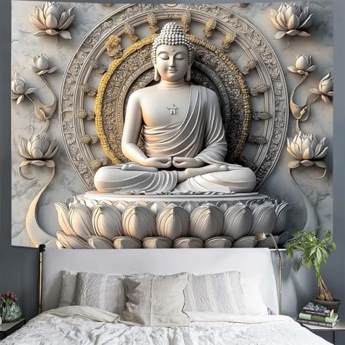 FENDROM Vintage Sitting Buddha Tapestry Wall Hanging Buddhist Statue Tapestries Lotus Meditation Wall Decor Psychedelic Indian Zen Art for Bedroom Living Room Home Decor - color: Beige, size: 79"L x 59"W