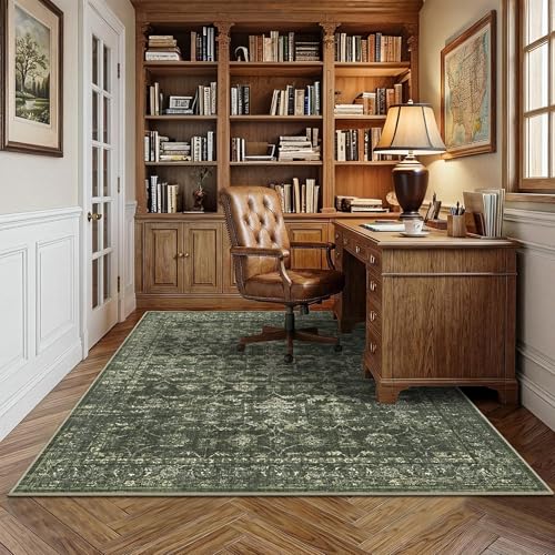 4x5 Green Washable Area Rugs for Living Room Vintage Boho Non Slip Rug Distressed Floral Carpet Indoor Retro Soft Low Pile Farmhouse Throw Rug for Bedroom Dining Room Nursery Office - color: Dark Green, size: 4' x 5' (Rectangular)
