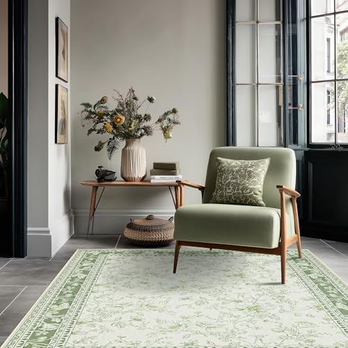 Green and Cream Area Rug 3x5 for Entryway Machine Washable Small Rug for Indoor Kitchen Bedroom Low Pile Vintage Peony Floral Print for Dining Living Room Non-Slip Sage Light Green Boho Decor - color: Sketch Floral Sage Green, size: 3' x 5' (Rectangular)