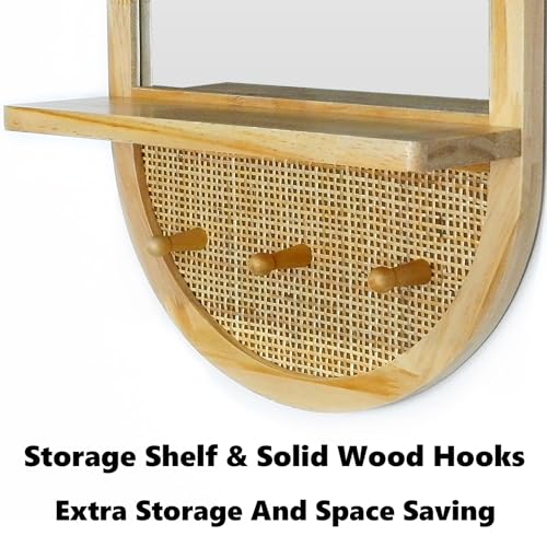 Wood Wall Mirror with Hooks and Shelf, 30x18 Inch, Oval | Boho Style, Removable Shelf, Solid Wood Framed, Handmade Rattan Decor, For Entryway, Bathroom, Nursery, Bedroom, Living Room