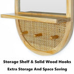 Wood Wall Mirror with Hooks and Shelf, 30x18 Inch, Oval | Boho Style, Removable Shelf, Solid Wood Framed, Handmade Rattan Decor, For Entryway, Bathroom, Nursery, Bedroom, Living Room