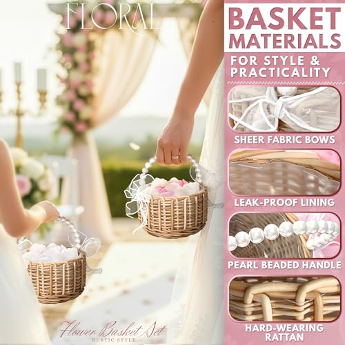 Small Flower Girl Basket Set of 2 - Lightweight Boho Small Wicker Basket with Handle, Pearl Detail, Bows & Waterproof Lining - Summer Wedding, Bridal Shower, Petal Toss, Bridesmaid Gifts & Home Decor - color: Brown Pearl Handle