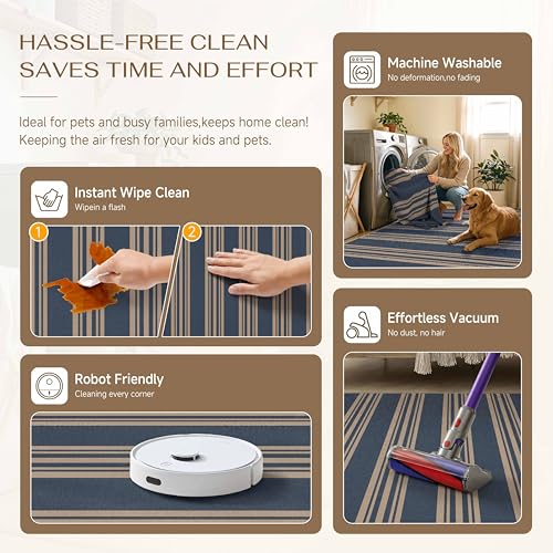 PureCozy Striped Easy Jute Rug 4x6 Blue Entryway Carpet Washable Non Slip Office Door Mat Farmhouse Neutral Non Shedding Small Indoor Outdoor Rug for Bathroom Kitchen Bedroom Living Room - color: Blue/Striped, size: 4' x 6' (Rectangular)