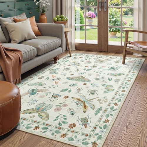 Beeiva Insect Print Washable Rugs 5x7 for Bedroom - Boho Living Room Rugs for Playroom Nursery, Soft Ultra-Thin Stain Resistant Large Accent Carpet for Office Dining Room Vintage Decor(5'x7',Beige) - color: Beige, size: 5' x 7' (Rectangular)