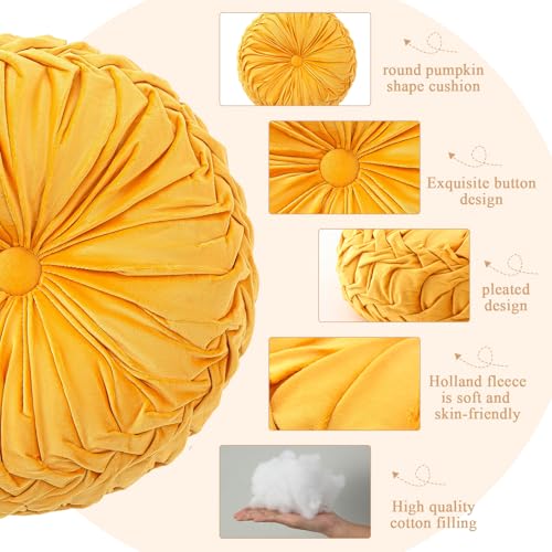 Drydiet 1 Pcs Round Throw Velvet Pillows Decorative Pleated Throw Pillows Diameter Accent Pumpkin Boho Chair Cushion for Couch Sofa Home Decoration (Yellow,15'') - color: Yellow, size: 15''