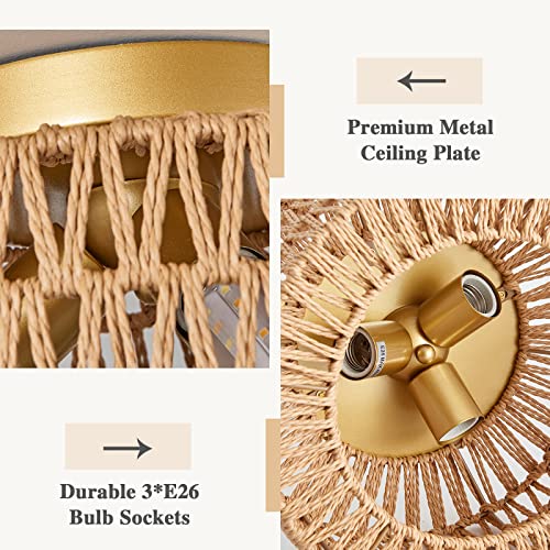Rattan Light Fixtures Ceiling Mount, 3-Lights Boho Flush Mount Ceiling Light, Hand-Woven Cage Shade Lamp Lighting, Rustic Rattan Chandelier for Hallway Bedroom Kitchen Farmhouse Foyer Entryway (Gold) - color: Gold, size: Small