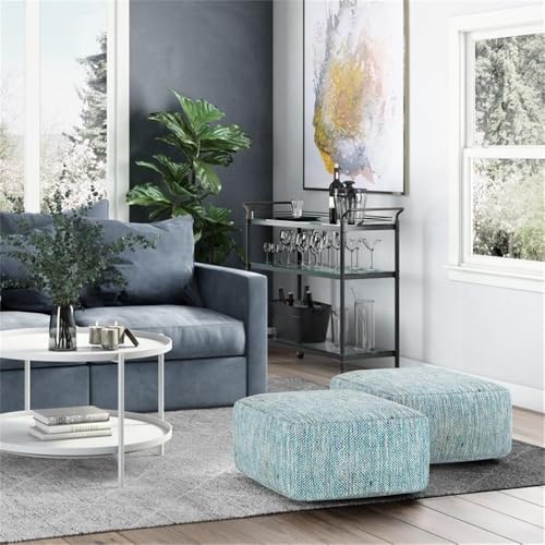 BOWERY HILL Boho Square Pouf, Patterned Teal Melange Cotton Upholstery, 20" x 20" x 10", Dense Polystyrene Filling, Versatile Seating or Ottoman for Living Room or Bedroom Use - color: Blue