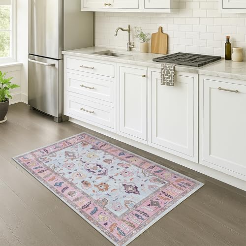 Fame Rugs Pink Beige Modern Oushak Rug 3x5, Washable Vintage Turkish Colorful Oriental Antique Inspired Foldable Small Area Rugs, Luxury Living Room Bedroom (390PP, 2'6" x 5') - color: 390pp, size: 2'6" x 5' (Runner)