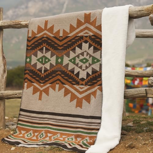 Aztec Throw Blanket with Soft Sherpa Lining, Traditional Southwestern Navajo Tribal Style Warm Throw for Camping, Outdoor, Cozy Boho Blanket for Couch, Sofa, Bed, 50"x60", Yellow - color: Yellow, size: 50" x 60"