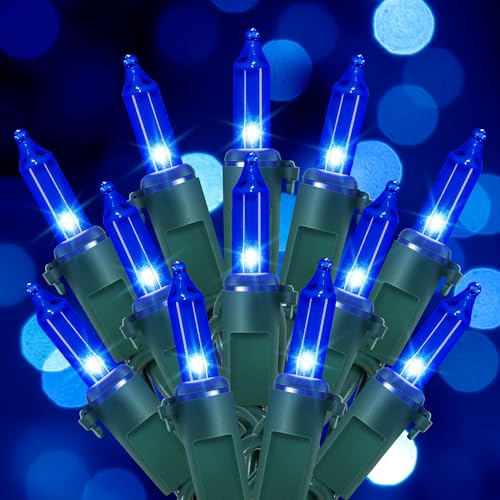 Hopolon Blue Christmas Lights, 13 Feet 50 Count String Light Green Wire, Pack of 2 Sets Incandescent Mini Lights for Indoor Outdoor Christmas Tree Garland Halloween Party Home Festival Decor,Blue - color: Blue,Green Wire, size: 2PACK, 50 count