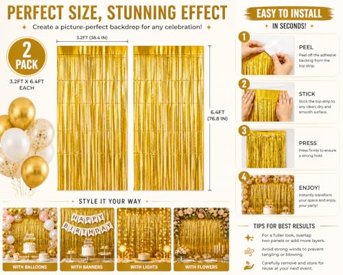 Gold Foil Fringe Curtain Backdrop – 2 Pack Metallic Tinsel Streamer Curtains 3.2ft x 6.4ft for Birthday, Graduation, Baby Shower, New Year’s Eve & Photo Booth Party Decorations | Fiesta Cart - color: Gold