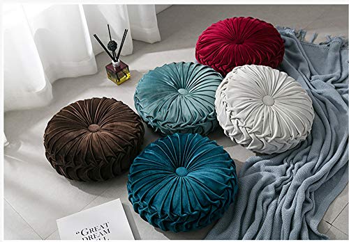 MOCOFO Round Velvet Throw Pillow, Pumpkin Shape Decorative Floor Cushion, Handcrafted Pleated Design, 14 and 16 Inch Diameter, Multiple Colors, Polyester Fill (Wine red, 14") - color: Wine Red, size: 14"