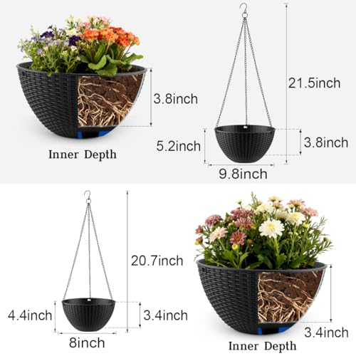 RooTrimmer Hanging Planters for Indoor Outdoor Plants 8 and 10 Inch, 4 Packs Hanging Flower Pot with Drainage Holes, Self-Watering Hanging Basket Perfect for Home, Office and Garden, Black - color: Black, size: 2p*8"+2p*10"