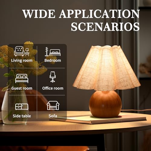 Farmhouse Cute Small Table Lamp, Wood Grain Vintage Table Lamps for Bedroom Nightstand, Cute Mini Bedside Small Table Lamps for Small Spaces with Scalloped Shade for Kitchen Counter, Bookshelf - color: Wood, size: On/Off Switch