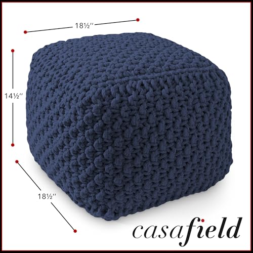 Casafield Square Pouf Ottoman, Navy Blue 18.5" W x 18.5" D x 14.5" H Cotton Knit Foot Stool - Boho Floor Pouffe for Living Room, Bedroom, Home Office - color: Navy Blue, size: 18.5"D x 18.5"W x 14.5"H