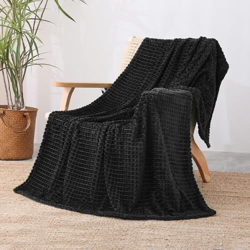 Puncuntex Flannel Fleece Throw Blanket Black 50"×60",Super Soft Plush Cozy Blanket with Square Grid Design Luxury for Couch Sofa Chair - color: Black, size: 50"×60"