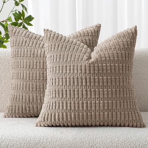 MIULEE Pack of 2 Corduroy Decorative Throw Pillow Covers 12x12 Inch Soft Boho Striped Pillow Covers Modern Farmhouse Home Decor for Sofa Living Room Couch Bed Light Brown - color: Light Brown, size: 12" x 12" (Pack of 2)