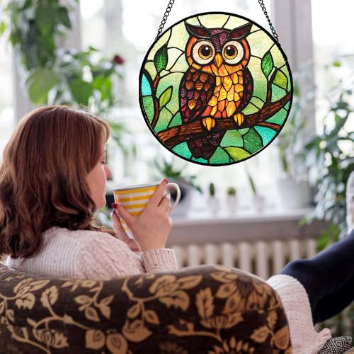 Stained Glass Window Hanging - Owl on a Branch Suncatcher for Doors Window Home Orange Brown Sun Catchers Decor Christmas Mother's Day Birthday Gifts for Teacher Women Men Mom Nana 6.3 in - color: Green and Brown, size: 6.3x6.3 IN
