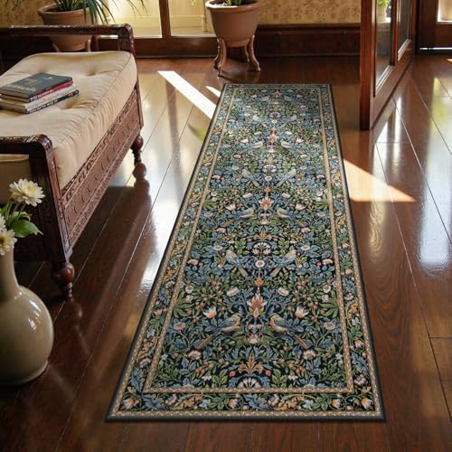 Morebes Floral Kitchen Runner Rug 2x6 Non Slip Washable Boho Botanical Hallway Runner, Ultra-Thin Stain-Resistant Soft Carpet for Bathroom, Entryway, Laundry Room (6ft, Navy Blue) - color: Navy Blue, size: 2' x 6' (Rectangular)
