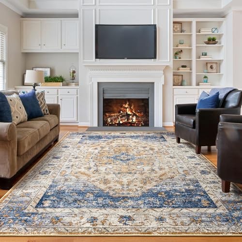 Amearea Vintage Design Area Rugs for Living Room, 4x6 Machine Washable Floral Collection Traditional Bedroom Rug, Low Pile Kids Room Print Carpet, No Slip Office Kitchen Home Decor, Blue and Orange - color: Blue/Orange, size: 4' X 6' (Rectangular)