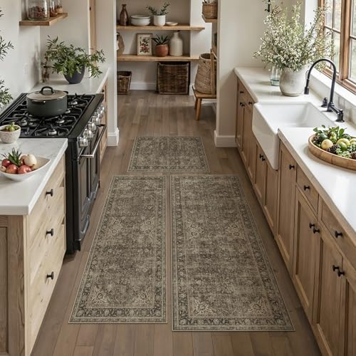 Kitchen Rug Set of 3 Washable Brown Vintage Kitchen Mats for Floor Non Slip Kitchen Runner Rug Soft Low Pile Distressed for Bathroom Laundry Hallway Sink Entryway - color: Brown, size: 20"x32"+20"x48"+30"x50"