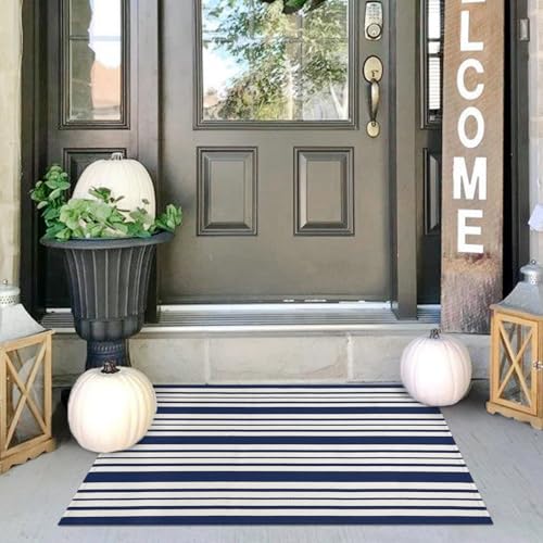 IOHOUZE Navy and White Striped Rug 2'x3' Front Door Rugs, Small Washable Area Rug for Front Porch, Spring Summer Doormats Outdoor Indoor, Cotton Rugs for Entryway Porch Entrance - color: Navy and White Stripe, size: 2' x 3' (Rectangular)