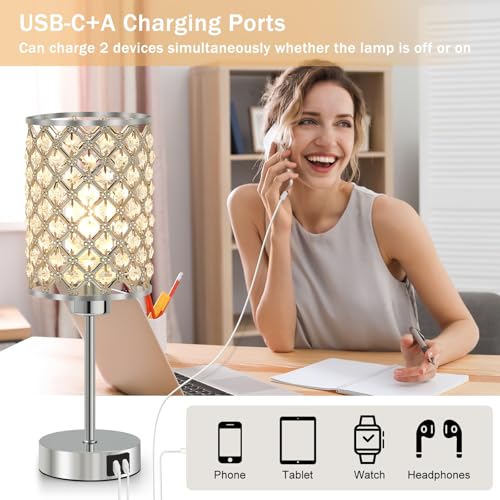 GyroVu Crystal Touch Table Lamp for Bedroom, Silver Desk Lamp with USB-C & USB-A Ports, Dimmable Modern Bedside Lamp for Nightstand, Living Room & Home Office - LED Bulb Included - color: Silver-1, size: 14.75"
