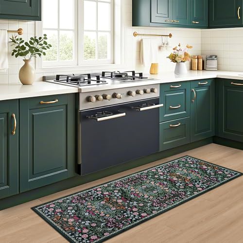 Runner Rug for Entryway: 2x5 Kitchen Rugs Non Slip Washable Ultra-Thin Soft Floral Carpet Indoor Floor Stain Resistant Carpets for Hallway Bedroom Kitchen Laundry Bathroom Dorm Dark Green - color: Dark Green, size: 2' x 5' (Runner)