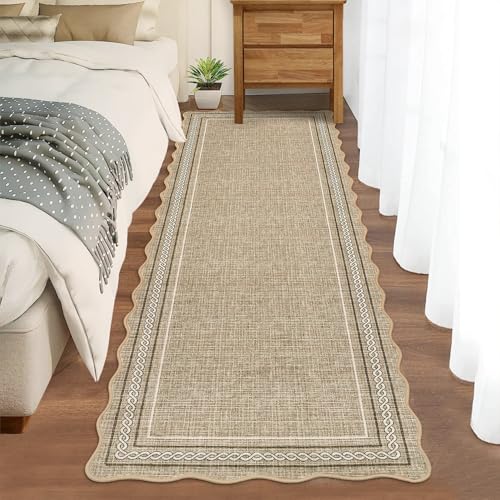 GarveeHome Scalloped Washable Runner 2x8 Rugs for Entryway Non Slip Kitchen Runner Natural Jute Printed Low Pile Hallway Rug Stain Resistant Carpet for Bathroom Laundry Room, Jute - color: Jute Color, size: 2' x 8' (Runner)