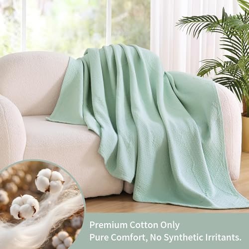 Premium 100% Cotton Blanket – All-Season Soft Breathable Bed Blanket for Throw Size – Lightweight Stylish Textured Throw for Bed– Giftable Cozy Bedding - color: Light Green, size: Throw (50"x60")