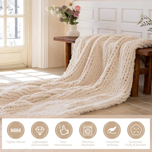 Chunky Knit Blanket - Luxury Soft Cozy 60 * 80 Throw Blanket, 100% Handmade Chenille Yarn Woven Blanket for Couch, Sofa, Home Decor, Gift - Machine Washable (Cream, 60 * 80) - color: Cream, size: 60*80