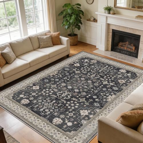 Area Rug for Living Room, 10x12 Large Washable Rugs for Dining Room, Bedroom, Non-Slip Stain Resistant Carpet, Low Pile Vintage Boho Rug (Charcoal Blush Ivory) - color: Charcoal Blush Ivory, size: 10' x 12' (Rectangular)