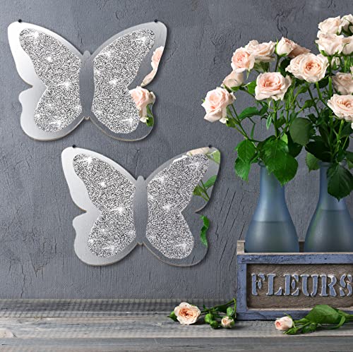 Vesici 2 Pieces Butterfly Shaped Mirror Crystal Crushed Diamond Silver Mirror Silver Wall Decor for Living Room Modern Decorative Artwork for Nursery Wedding Decor(11.8 x 8.8 Inch) - size: 11.8 x 8.8 Inch