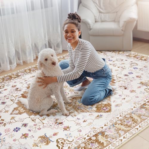 Amearea Vintage Design Area Rugs for Living Room, 4x6 Machine Washable Floral Collection Traditional Bedroom Rug, Low Pile Cute Kids Room Print Carpet, No Slip Office Kitchen Home Decor, Gold Yellow - color: Gold, size: 4' X 6' (Rectangular)