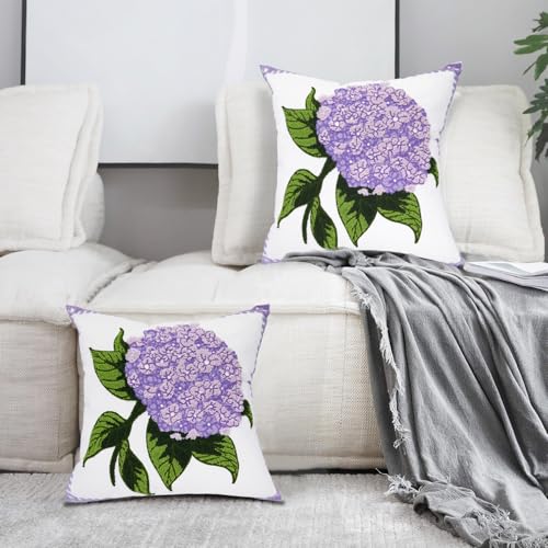Alysheer Hydrangea Embroidered Decorative Throw Pillow Covers 18"x 18" Set of 2, Purple Lilac Floral Tufted Patterned Cotton Cushion Cases for Couch Bed Living Room Decor - color: Hydrangea Purple, size: 18" x 18" (Pack of 2)