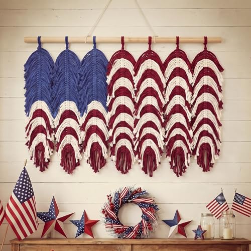 Xuhal Macrame American Flag Wall Hanging 4th of July Patriotic Woven Tapestry Vintage Boho Red White Blue Flag Decor 24 x 17 Inch USA Decor for 250th Anniversary Independence Independence Day Veterans