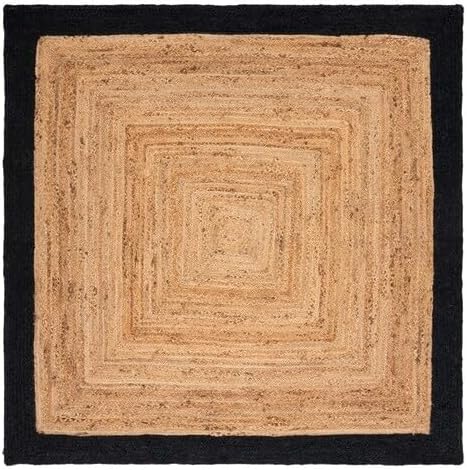 SAFAVIEH Natural Fiber Collection Area Rug - 6' Square, Natural & Black, Handmade Flat Weave Boho Farmhouse Rustic Border Jute, Ideal for High Traffic Areas in Living Room, Bedroom (NFB852Z)