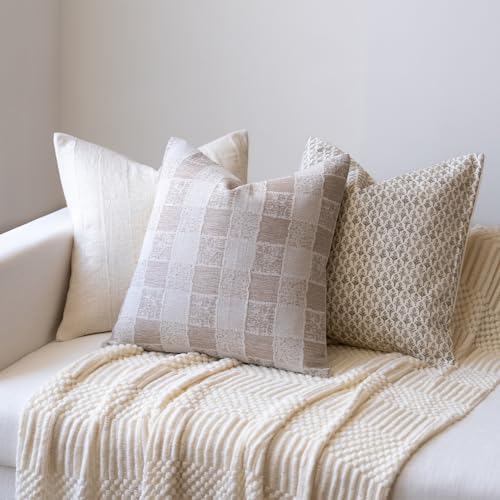 FIOUOVO Decorative Neutral Throw Pillow Covers 18x18 Farmhouse Pillow Covers Cotton Check Cushion Covers Home Decor for Sofa Couch Living Room Bedroom 1PC, Taupe Check - color: Taupe Check, size: 18" x 18" (Pack of 1)