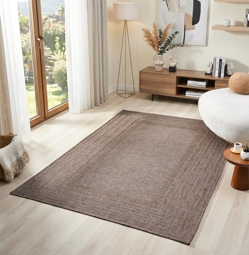 Berry Easy Jute Indoor Outdoor Rug, 8x10 Neutral Bordered Jute Look, Weather Resistant, Easy Care, Lightweight Outdoor Farmhouse Carpet for Patio, Porch, Living Room (8' x 10', Brown) - color: 2004 - Brown, size: 8' x 10' (Rectangular)