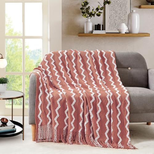 BOURINA Fluffy Chenille Knitted Fringe Throw Blanket Lightweight Soft Cozy for Bed Sofa Chair Throw Blankets, Coral Pink 50" x 60" - color: A-coral Pink, size: 50"×60"