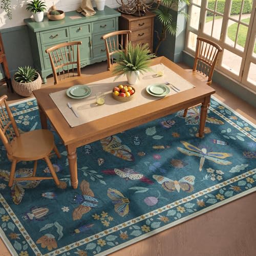 Beeiva Insect Print Bedroom Rug 8x10 Under Bed Non Slip, Foldable Washable Rugs 8x10, Low Pile 8 x 10 Area Rug for Bedroom Large Carpet for Kids Room Playroom Living Room Dorm Decor(Dark Green,8x10ft) - color: Dark Green, size: 8' x 10' (Rectangular)