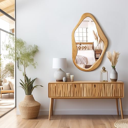 LuxenHome Asymmetrical Wall Mirror with Natural Pine Wood Frame,Irregular Wall Mirror for Living Room,Entryway,Bedroom,Decorative Mirror,Bathroom Mirror, Wood Wall Mounted Mirror - color: Irregular Asymmetrical