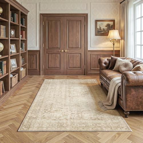 Fmfunctex 4x6 Washable Area Rug Beige Neutral Vintage Distressed Oriental Non Slip Low Pile Traditional Indoor Carpet for Living Room Bedroom Soft Retro Mat Rug for Dining Office Kitchen Dorm Entryway - color: Beige, size: 4' x 6' (Rectangular)