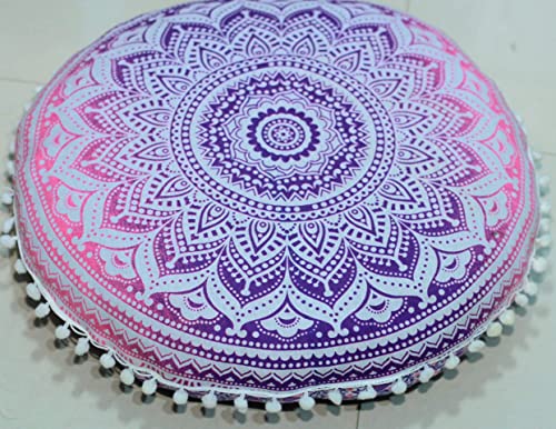 Round Mandala Floor Pillow Cover Seating Cushion Throw Ottoman Pouf Cover Pom Pom Pillow Cases Hippie Decorative Bohemian Boho Indian 22 Inches (Pink White) - color: Pink White